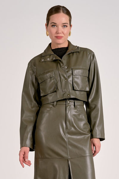 Elan Clothing Cropped Faux Leather Jacket Style FL8258 in Pine;faux leather jacket;Pine Green Cropped Fall Faux Leather Jacket; 