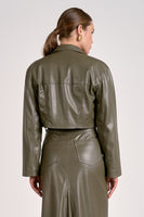 Elan Clothing Cropped Faux Leather Jacket Style FL8258 in Pine;faux leather jacket;Pine Green Cropped Fall Faux Leather Jacket; 