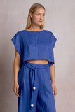 Elan Clothing Cropped linen top style LL11577 in sapphire blue. 100% Linen boxy side ties spring, summer, resort cropped top.