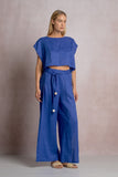 Elan Clothing Cropped linen top style LL11577 in sapphire blue. 100% Linen boxy side ties spring, summer, resort cropped top.