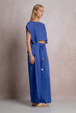 Elan Clothing Cropped linen top style LL11577 in sapphire blue. 100% Linen boxy side ties spring, summer, resort cropped top.