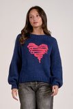 Elan Clothing Heart Crew NEck Sweater Style SWP11468 in Navy Pink Heart;Blue Crew Neck Sweater with Pink Heart; 