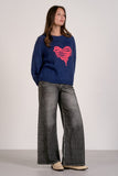 Elan Clothing Heart Crew NEck Sweater Style SWP11468 in Navy Pink Heart;Blue Crew Neck Sweater with Pink Heart; 