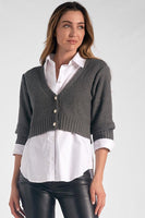 Elan Clothing Layered Blouse with Short Cardigan Style SW11116 in Gunmetal Grey;Layered Top;Cardigan Layered Top;Short Cardigan Layered Top;Layered Look Top
