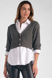 Elan Clothing Layered Blouse with Short Cardigan Style SW11116 in Gunmetal Grey;Layered Top;Cardigan Layered Top;Short Cardigan Layered Top;Layered Look Top