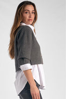 Elan Clothing Layered Blouse with Short Cardigan Style SW11116 in Gunmetal Grey;Layered Top;Cardigan Layered Top;Short Cardigan Layered Top;Layered Look Top