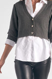 Elan Clothing Layered Blouse with Short Cardigan Style SW11116 in Gunmetal Grey;Layered Top;Cardigan Layered Top;Short Cardigan Layered Top;Layered Look Top