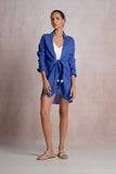 Elan Clothing Long Sleeve Linen Shirt dress style LL6078 in sapphire blue. a spring, summer or Linen shirt dress features long sleeves, collared neckline, and a tie front with bead details.