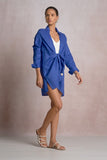 Elan Clothing Long Sleeve Linen Shirt dress style LL6078 in sapphire blue. a spring, summer or Linen shirt dress features long sleeves, collared neckline, and a tie front with bead details.