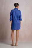 Elan Clothing Long Sleeve Linen Shirt dress style LL6078 in sapphire blue. a spring, summer or Linen shirt dress features long sleeves, collared neckline, and a tie front with bead details.