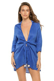 Elan Clothing Long Sleeve Linen Shirt dress style LL6078 in sapphire blue. a spring, summer or Linen shirt dress features long sleeves, collared neckline, and a tie front with bead details.