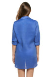 Elan Clothing Long Sleeve Linen Shirt dress style LL6078 in sapphire blue. a spring, summer or Linen shirt dress features long sleeves, collared neckline, and a tie front with bead details.