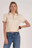 Elan Clothing Penelope Top Style SWS11623 in Cream. Women's Cream Ribbed Spring Polo Style Top. Cute Preppy style slightly cropped polo shirt