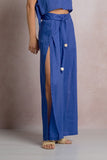 Elan Clothing Side Slit Beaded Tie Waist Linen Pant Style LL2391 in sapphire blue. a women's linen summer side leg slit beaded tie waist pant.