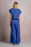 Elan Clothing Side Slit Beaded Tie Waist Linen Pant Style LL2391 in sapphire blue. a women's linen summer side leg slit beaded tie waist pant.