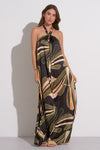 Elan Clothing Sienna Halter Maxi Dress Style SP5880-B in Black Manila;Summer Printed Maxi Dress; 