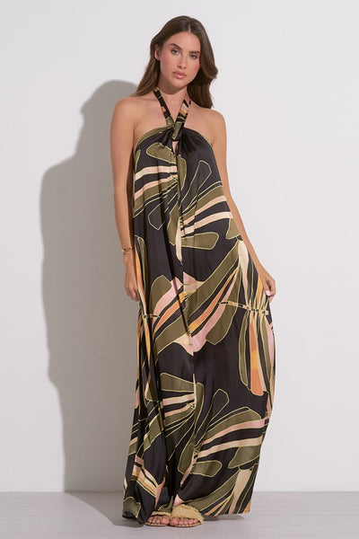 Elan Clothing Sienna Halter Maxi Dress Style SP5880-B in Black Manila;Summer Printed Maxi Dress; 