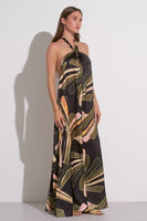 Elan Clothing Sienna Halter Maxi Dress Style SP5880-B in Black Manila;Summer Printed Maxi Dress; 