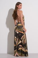 Elan Clothing Sienna Halter Maxi Dress Style SP5880-B in Black Manila;Summer Printed Maxi Dress; 