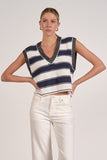 Elan Clothing Sweater Vest Style SWS11475 in White Navy; V-Neck Striped Sleeveless Spring Sweater; 