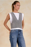 Elan Clothing Sydney Top STyle SW11621 in Grey Wash;A women's spring Layered Sweater vest over a white tee; worn by Sydney Sweeney in Housemaid!