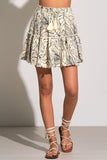 Elan Clothing Tiered Ruffle Mini Skirt Style OGP4044 in Natural and Black Topic Print; 