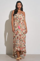 Elan Clothing strapless button up maxi Dress Style RGP5761 PK_FLORAL in Pink Floral;floral printed maxi dress;srapless floral dress; 