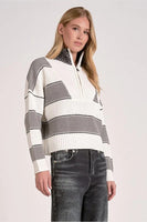 Elan Clothng Slone Sweater Style SWS11476 in HEather Grey Stripe;ha;f zip ribbed sweater;Fall Half-Zip Pull-over; 