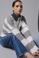 Elan Clothng Slone Sweater Style SWS11476 in HEather Grey Stripe;ha;f zip ribbed sweater;Fall Half-Zip Pull-over; 