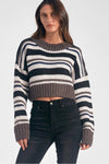 Elan Winna Sweater STyle SWS11070 BkSt in Black Stripe;Elan USA Cropped Stripe Sweater