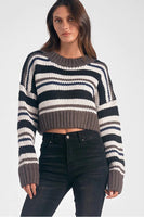 Elan Winna Sweater STyle SWS11070 BkSt in Black Stripe;Elan USA Cropped Stripe Sweater
