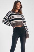 Elan Winna Sweater STyle SWS11070 BkSt in Black Stripe;Elan USA Cropped Stripe Sweater