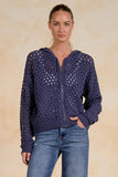 Elan Clothing Ava Hoodie Cardigan Style SW11601 in Navy; Open Weave Navy Zip Up Spring Hoodie; 