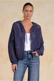 Elan Clothing Ava Hoodie Cardigan Style SW11601 in Navy; Open Weave Navy Zip Up Spring Hoodie; 