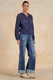 Elan Clothing Ava Hoodie Cardigan Style SW11601 in Navy; Open Weave Navy Zip Up Spring Hoodie; 
