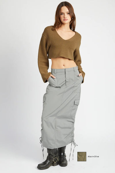 Emory Park Clothing Evelynn Maxi Skirt Style IMA9366S in Grey and Olive;Cargo Skirt;CArgo Maxi Skirt;Shirred Cargo Maxi Skirt; 
