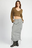 Emory Park Clothing Evelynn Maxi Skirt Style IMA9366S in Grey and Olive;Cargo Skirt;CArgo Maxi Skirt;Shirred Cargo Maxi Skirt; 