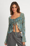 Emory Park Clothing Harmony Top Style IMA9438T in Sage Teal;Printed Ruffled High Low Blouse;Green Printed High LOw Top