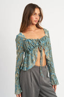 Emory Park Clothing Harmony Top Style IMA9438T in Sage Teal;Printed Ruffled High Low Blouse;Green Printed High LOw Top