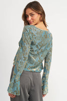 Emory Park Clothing Harmony Top Style IMA9438T in Sage Teal;Printed Ruffled High Low Blouse;Green Printed High LOw Top