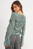 Emory Park Clothing Harmony Top Style IMA9438T in Sage Teal;Printed Ruffled High Low Blouse;Green Printed High LOw Top