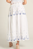 En Creme Clothing Embroidered Tiered Maxi Skirt style ES80882VK in white with blue;Embroidered Midi Skirt; 