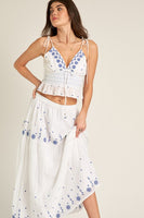 En Creme Clothing Embroidered Tiered Maxi Skirt style ES80882VK in white with blue;Embroidered Midi Skirt; 