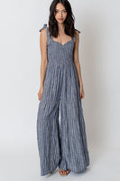 En Creme Clothing Sleeveless Smocked Striped Jumpsuit style ER61865HR in Navy Ivory;Tie tank strap Jumpsuit; 