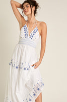 En Creme Clothing Strappy Halter Neck Embroidered Midi Dress Style ED19738VK in White Blue; 