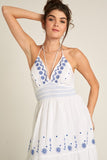 En Creme Clothing Strappy Halter Neck Embroidered Midi Dress Style ED19738VK in White Blue; 
