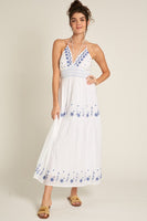 En Creme Clothing Strappy Halter Neck Embroidered Midi Dress Style ED19738VK in White Blue; 