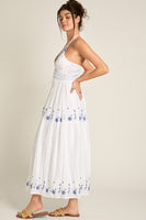 En Creme Clothing Strappy Halter Neck Embroidered Midi Dress Style ED19738VK in White Blue; 