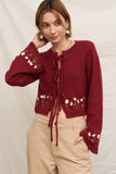 En Creme Tie Front Flower Embroidered Cardigan Style EQBK084BW in Burgundy; Daisy Embroidered Red Spring Cardigan; 