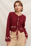 En Creme Tie Front Flower Embroidered Cardigan Style EQBK084BW in Burgundy; Daisy Embroidered Red Spring Cardigan; 